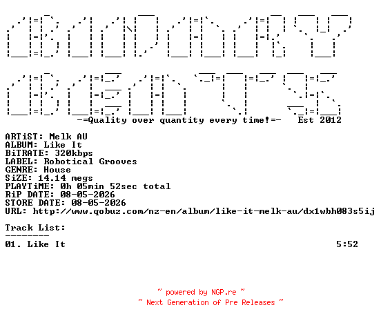 NFO for the release Melk_AU-Like_It-(RG526)-SINGLE-WEB-2026-BB by BB