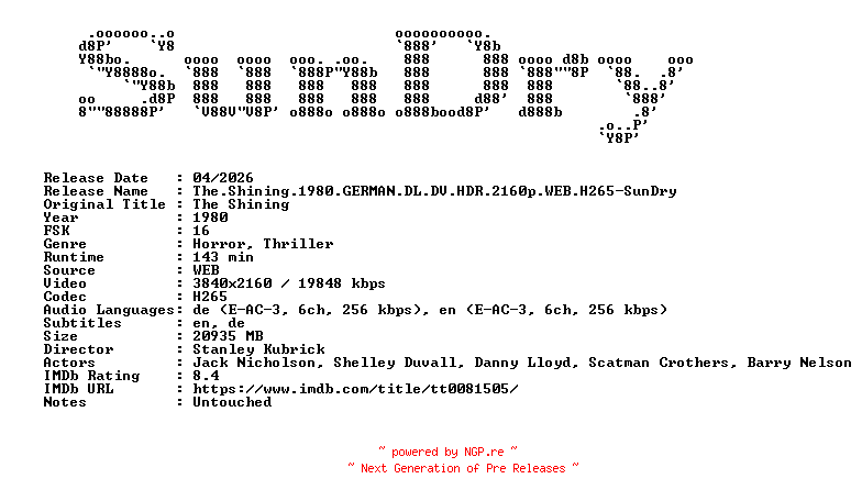 NFO for the release The.Shining.1980.GERMAN.DL.DV.HDR.2160p.WEB.H265-SunDry by SunDry