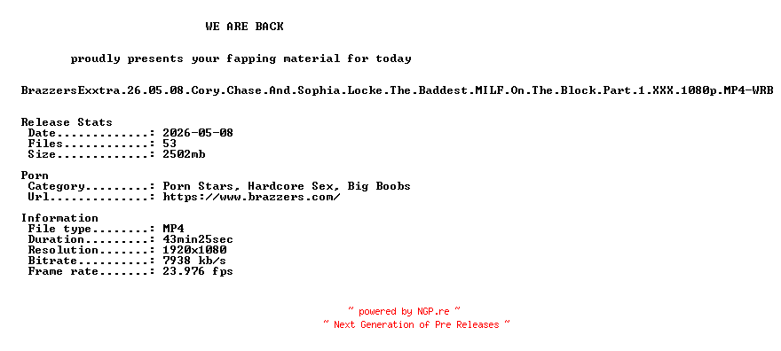 NFO for the release BrazzersExxtra.26.05.08.Cory.Chase.And.Sophia.Locke.The.Baddest.MILF.On.The.Block.Part.1.XXX.1080p.MP4-WRB by WRB