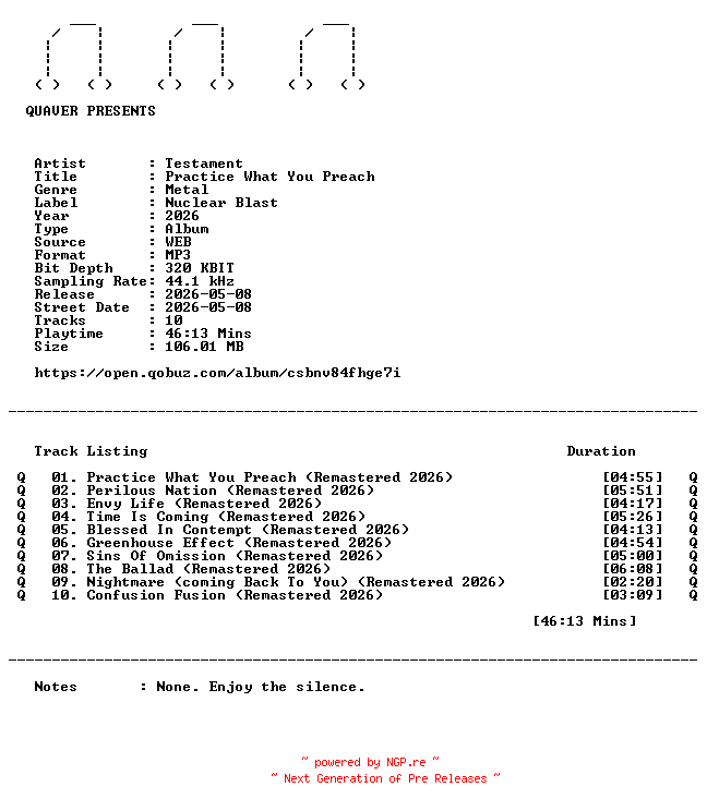 NFO for the release Testament-Practice_What_You_Preach-REMASTERED-WEB-2026-QUAVER by QUAVER