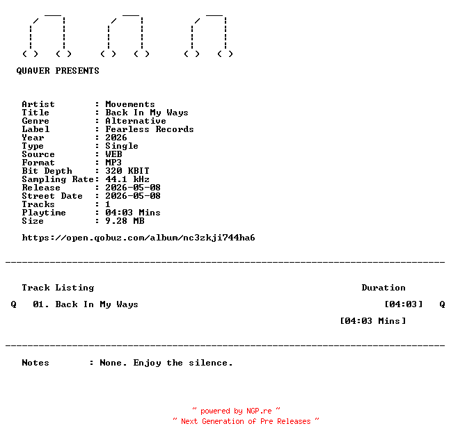 NFO for the release Movements-Back_In_My_Ways-SINGLE-WEB-2026-QUAVER by QUAVER