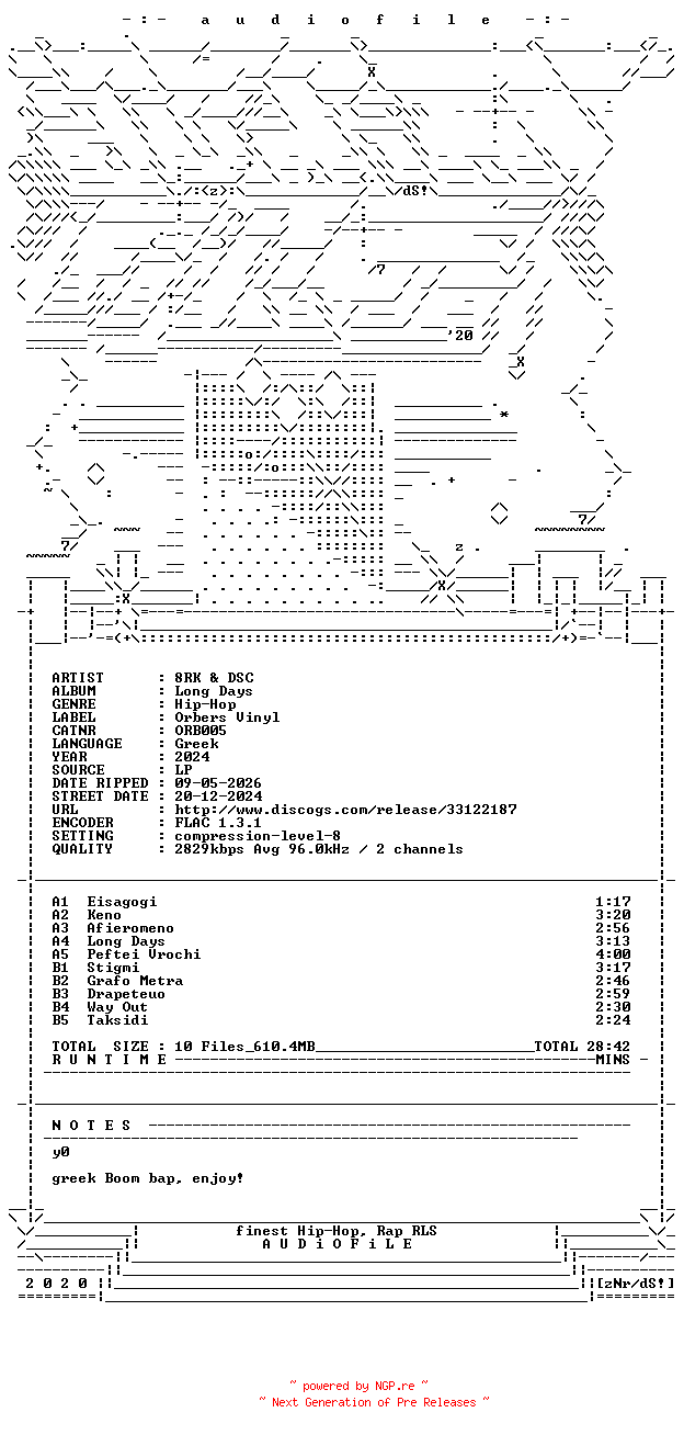 NFO for the release 8RK_And_DSC-Long_Days-GR-LP-FLAC-2024-AUDiOFiLE by AUDiOFiLE
