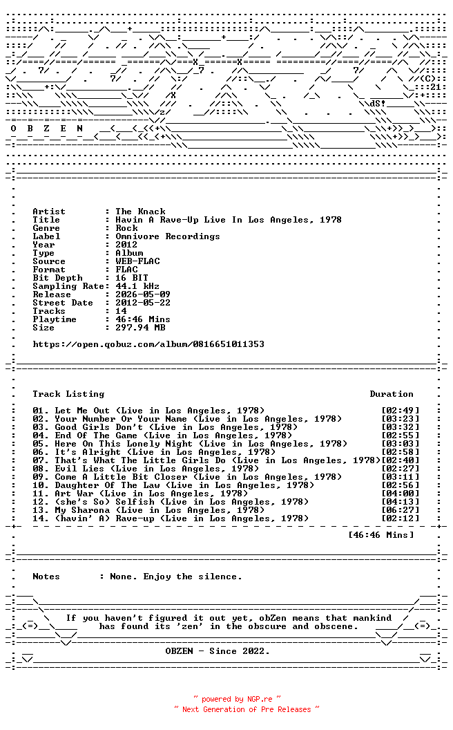 NFO for the release The_Knack-Havin_A_Rave-Up_Live_In_Los_Angeles_1978-16BIT-WEB-FLAC-2012-OBZEN by OBZEN