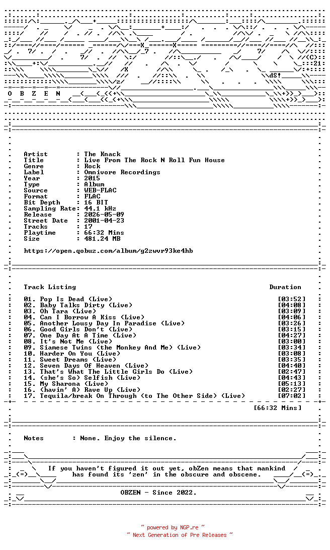 NFO for the release The_Knack-Live_From_The_Rock_N_Roll_Fun_House-REISSUE-16BIT-WEB-FLAC-2015-OBZEN by OBZEN