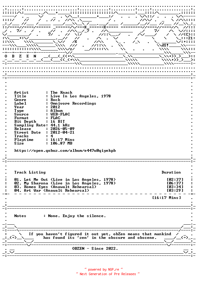NFO for the release The_Knack-Live_In_Los_Angeles_1978-EP-16BIT-WEB-FLAC-2012-OBZEN by OBZEN