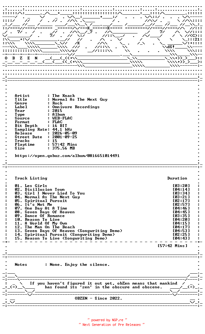 NFO for the release The_Knack-Normal_As_The_Next_Guy-REISSUE-16BIT-WEB-FLAC-2015-OBZEN by OBZEN