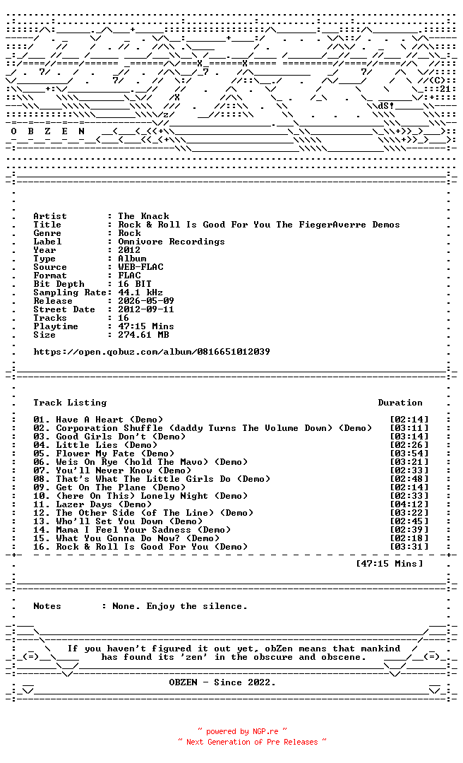 NFO for the release The_Knack-Rock_and_Roll_Is_Good_For_You_The_FiegerAverre_Demos-16BIT-WEB-FLAC-2012-OBZEN by OBZEN