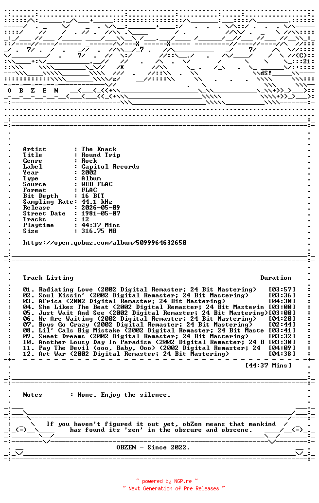 NFO for the release The_Knack-Round_Trip-REMASTERED-16BIT-WEB-FLAC-2002-OBZEN by OBZEN