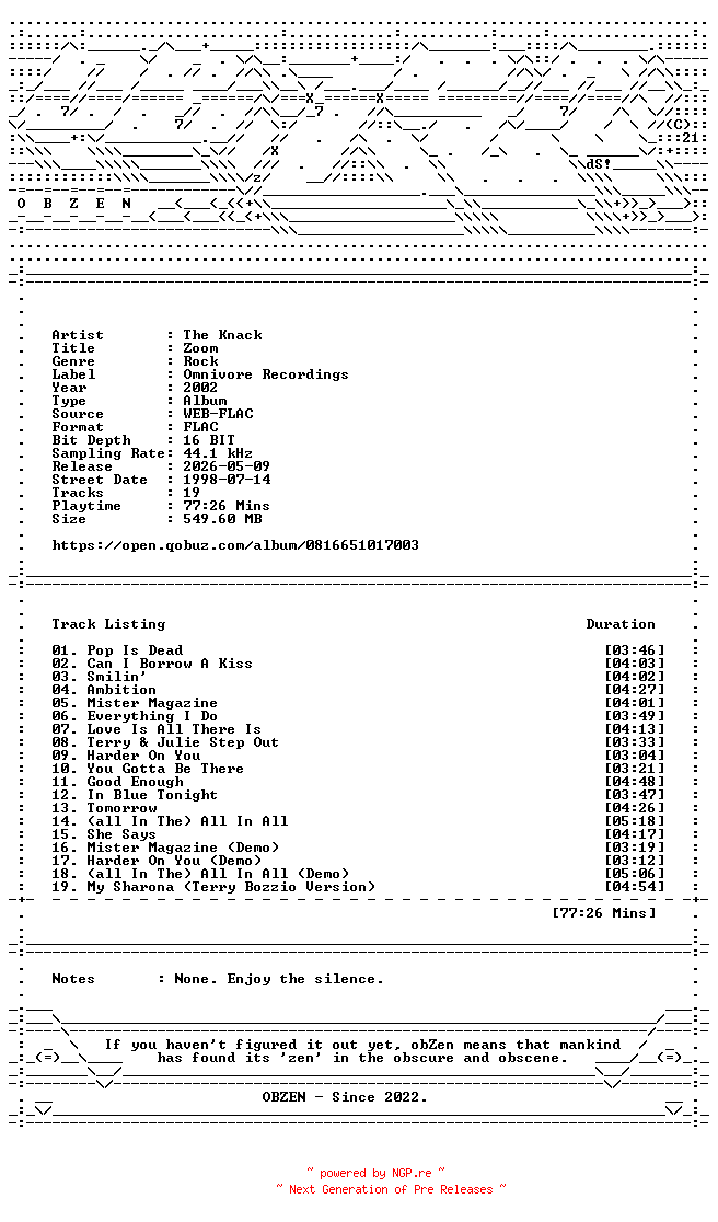 NFO for the release The_Knack-Zoom-REISSUE-16BIT-WEB-FLAC-2002-OBZEN by OBZEN