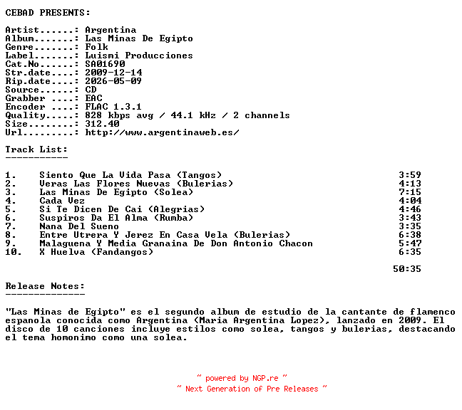 NFO for the release Argentina-Las_Minas_De_Egipto-(SA01690)-ES-CD-FLAC-2009-CEBAD by CEBAD