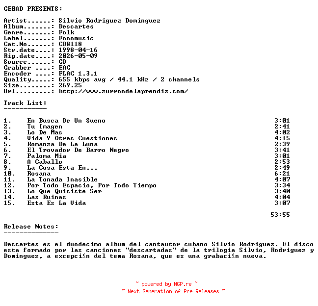 NFO for the release Silvio_Rodriguez_Dominguez-Descartes-(CD8118)-ES-CD-FLAC-1998-CEBAD by CEBAD