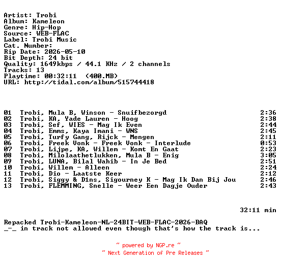 NFO for the release Trobi-Kameleon-REPACK-NL-24BIT-WEB-FLAC-2026-BAQ by BAQ