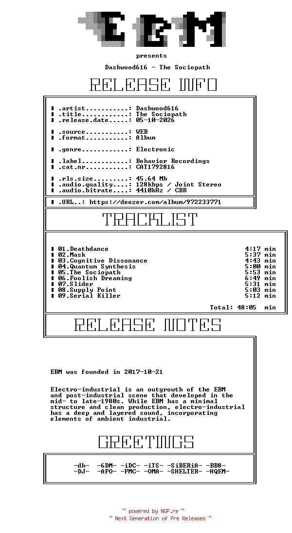 NFO for the release Dashwood616-The_Sociopath-(CAT1792816)-WEB-2026-EBM by EBM