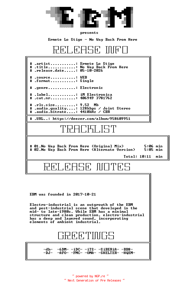 NFO for the release Ermete_Lo_Stige-No_Way_Back_From_Here-(406949_3781762)-WEB-2026-EBM by EBM