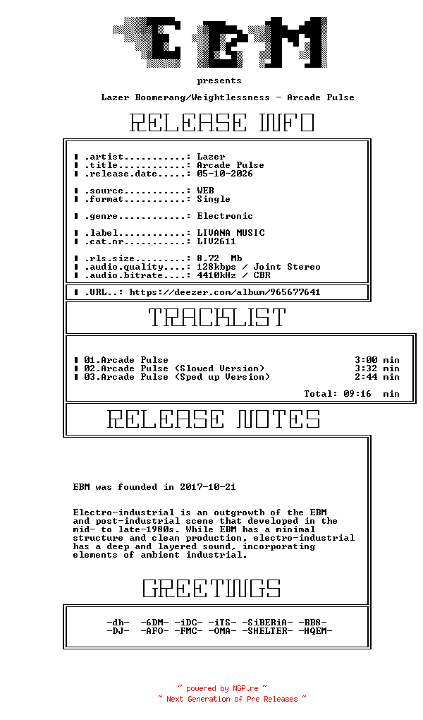 NFO for the release Lazer_Boomerang-Weightlessness-Arcade_Pulse-(LIV2611)-WEB-2026-EBM by EBM