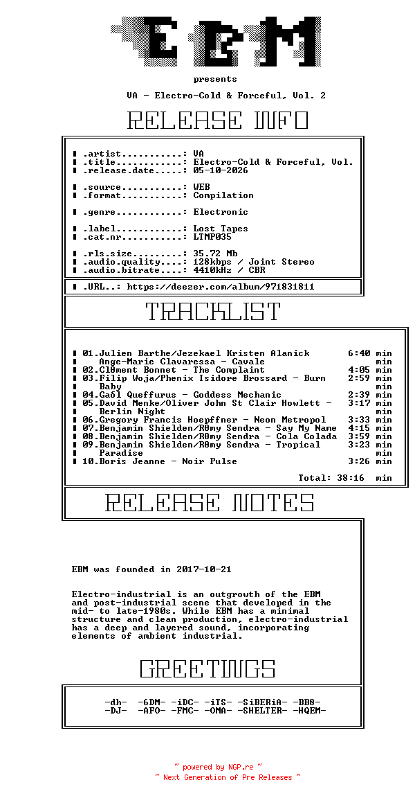 NFO for the release VA-Electro-Cold_and_Forceful_Vol_2-(LTMP035)-WEB-2026-EBM by EBM