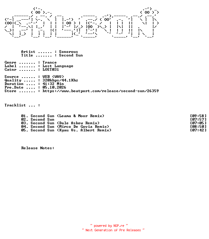 NFO for the release Sonorous-Second_Sun-(LOST031)-WEB-2003-FALCON by FALCON