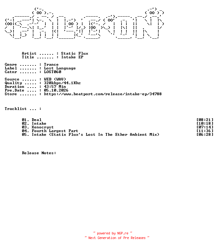 NFO for the release Static_Flux-Intake_EP-(LOST060)-WEB-2006-FALCON by FALCON