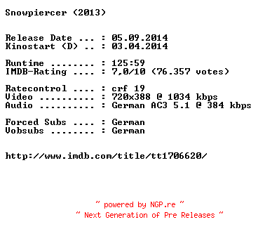 NFO for the release Snowpiercer.German.BDRiP.x264-EXQUiSiTE by EXQUiSiTE