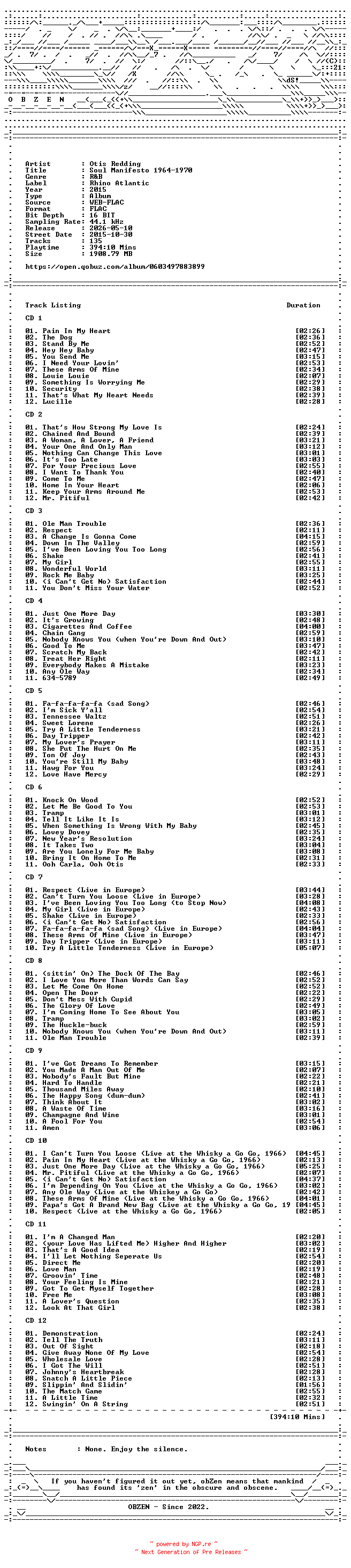 NFO for the release Otis_Redding-Soul_Manifesto_1964-1970-16BIT-WEB-FLAC-2015-OBZEN by OBZEN