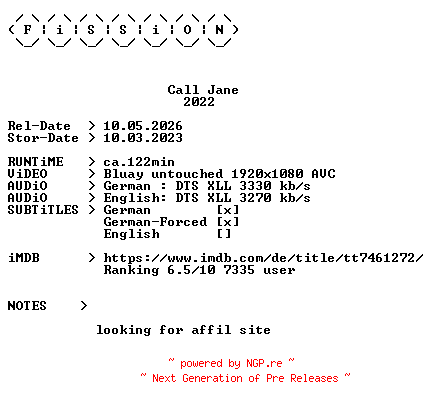 NFO for the release Call.Jane.2022.German.DL.1080p.BluRay.AVC-FiSSiON by FiSSiON