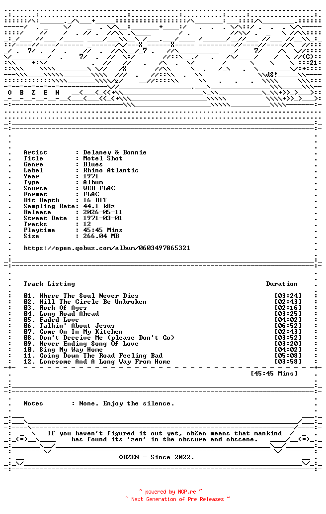 NFO for the release Delaney_and_Bonnie-Motel_Shot-16BIT-WEB-FLAC-1971-OBZEN by OBZEN