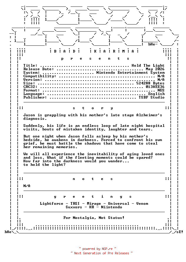 NFO for the release Hold_The_Light_NES-bADkARMA by bADkARMA