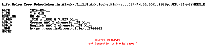 NFO for the release Life.Below.Zero.Ueberleben.in.Alaska.S11E18.Arktische.Highways.GERMAN.DL.DOKU.1080p.WEB.H264-SYNERGiE by SYNERGiE
