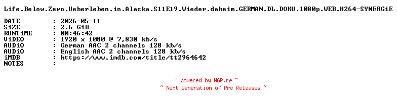 NFO for the release Life.Below.Zero.Ueberleben.in.Alaska.S11E19.Wieder.daheim.GERMAN.DL.DOKU.1080p.WEB.H264-SYNERGiE by SYNERGiE
