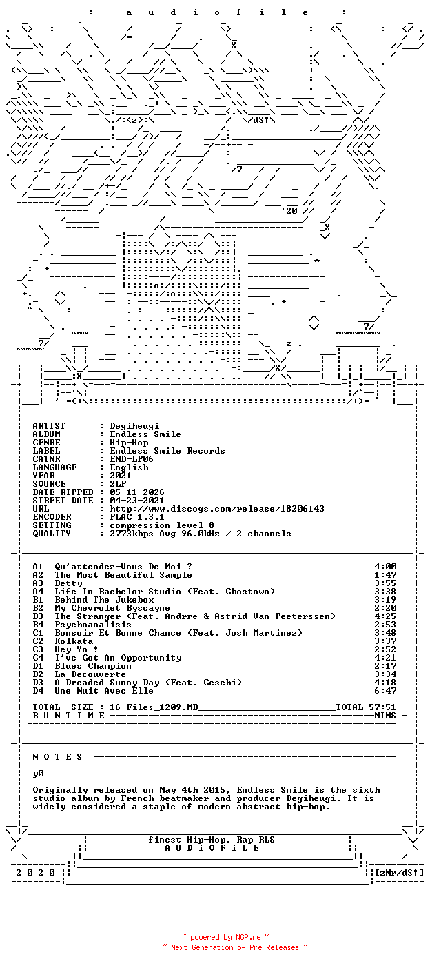 NFO for the release Degiheugi-Endless_Smile-REISSUE-2LP-FLAC-2021-AUDiOFiLE by AUDiOFiLE