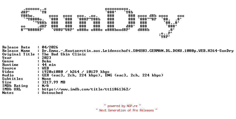 NFO for the release Dr.Emma.-.Hautaerztin.aus.Leidenschaft.S04E03.GERMAN.DL.DOKU.1080p.WEB.H264-SunDry by SunDry