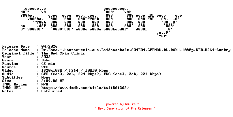 NFO for the release Dr.Emma.-.Hautaerztin.aus.Leidenschaft.S04E04.GERMAN.DL.DOKU.1080p.WEB.H264-SunDry by SunDry