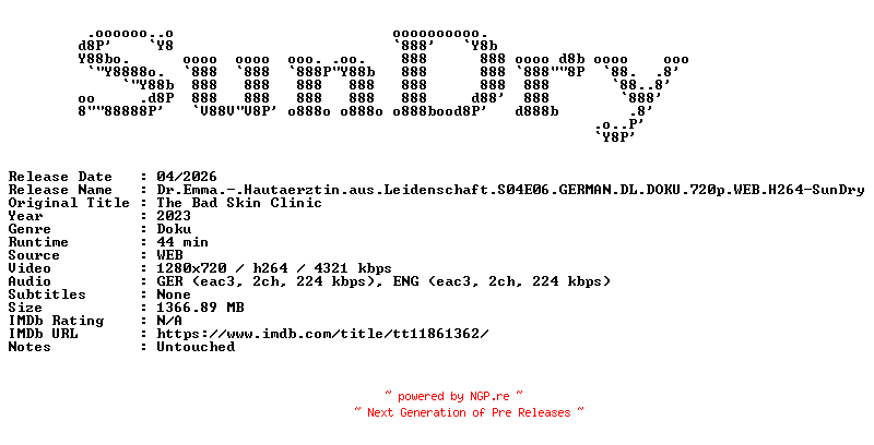 NFO for the release Dr.Emma.-.Hautaerztin.aus.Leidenschaft.S04E06.GERMAN.DL.DOKU.720p.WEB.H264-SunDry by SunDry