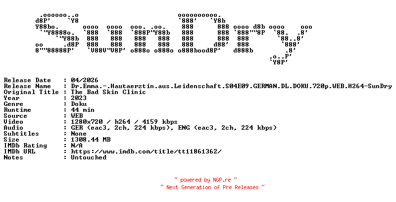 NFO for the release Dr.Emma.-.Hautaerztin.aus.Leidenschaft.S04E09.GERMAN.DL.DOKU.720p.WEB.H264-SunDry by SunDry