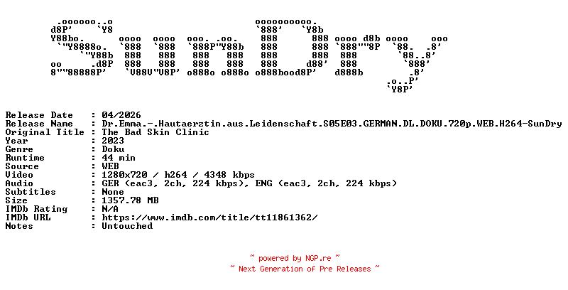NFO for the release Dr.Emma.-.Hautaerztin.aus.Leidenschaft.S05E03.GERMAN.DL.DOKU.720p.WEB.H264-SunDry by SunDry