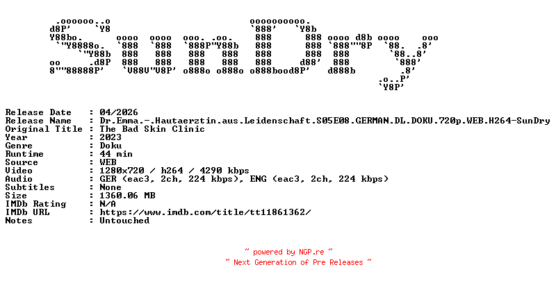 NFO for the release Dr.Emma.-.Hautaerztin.aus.Leidenschaft.S05E08.GERMAN.DL.DOKU.720p.WEB.H264-SunDry by SunDry
