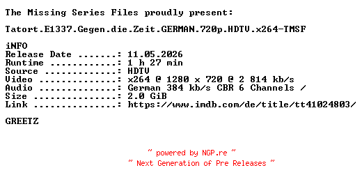 NFO for the release Tatort.E1337.Gegen.die.Zeit.GERMAN.720p.HDTV.x264-TMSF by TMSF