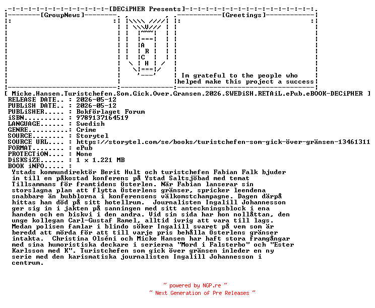 NFO for the release Micke.Hansen.Turistchefen.Som.Gick.Over.Gransen.2026.SWEDiSH.RETAiL.ePub.eBOOK-DECiPHER by DECiPHER