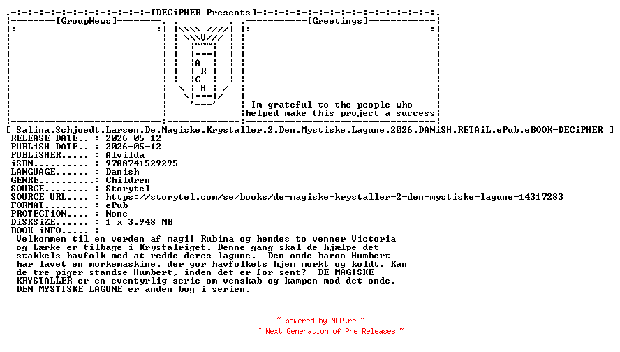 NFO for the release Salina.Schjoedt.Larsen.De.Magiske.Krystaller.2.Den.Mystiske.Lagune.2026.DANiSH.RETAiL.ePub.eBOOK-DECiPHER by DECiPHER