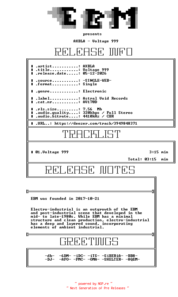 NFO for the release AXBLA-Voltage_999-(AV170D)-SINGLE-WEB-2026-EBM by EBM