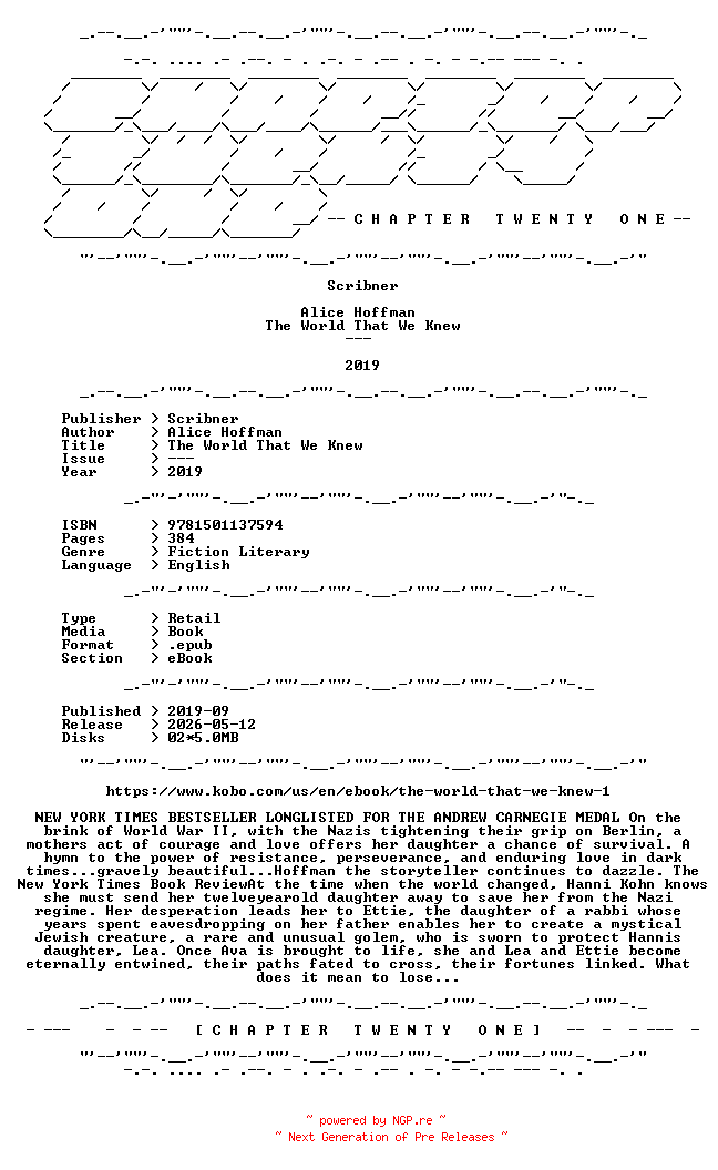 NFO for the release Alice.Hoffman.-.The.World.That.We.Knew.2019.RETAIL.EPUB.eBook-CTO by CTO