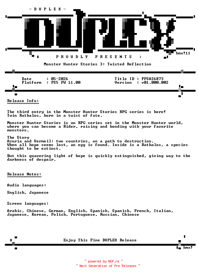 NFO for the release MONSTER.HUNTER.STORIES.3.TWISTED.REFLECTION.PS5-DUPLEX by DUPLEX