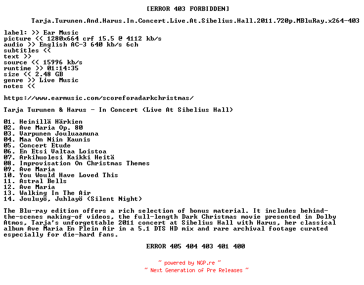 NFO for the release Tarja.Turunen.And.Harus.In.Concert.Live.At.Sibelius.Hall.2011.720p.MBluRay.x264-403 by 403
