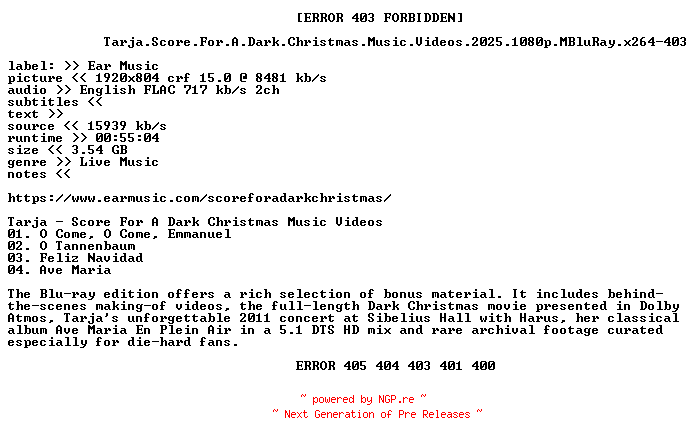 NFO for the release Tarja.Score.For.A.Dark.Christmas.Music.Videos.2025.1080p.MBluRay.x264-403 by 403