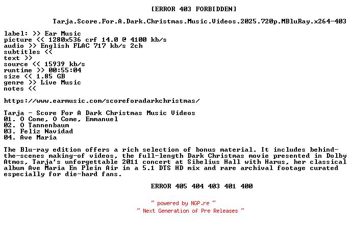NFO for the release Tarja.Score.For.A.Dark.Christmas.Music.Videos.2025.720p.MBluRay.x264-403 by 403