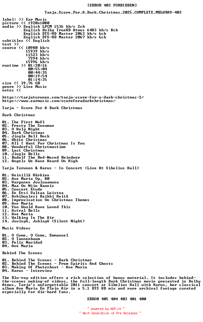 NFO for the release Tarja.Score.For.A.Dark.Christmas.2025.COMPLETE.MBLURAY-403 by 403