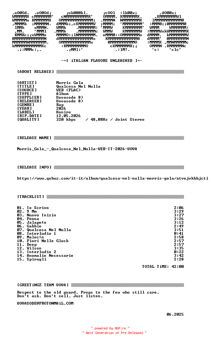 NFO for the release Morris_Gola_-_Qualcosa_Nel_Nulla-WEB-IT-2026-UOVA by UOVA