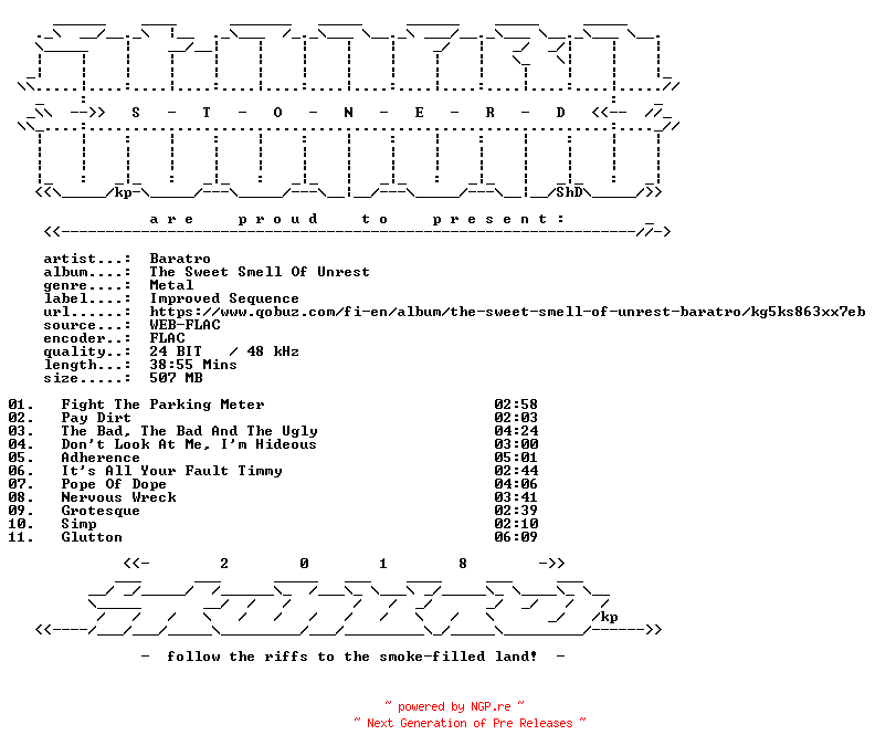 NFO for the release Baratro-The_Sweet_Smell_Of_Unrest-24BIT-WEB-FLAC-2024-STONERD by STONERD