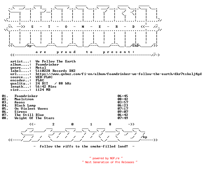 NFO for the release We_Follow_The_Earth-Foamdrinker-24BIT-WEB-FLAC-2026-STONERD by STONERD