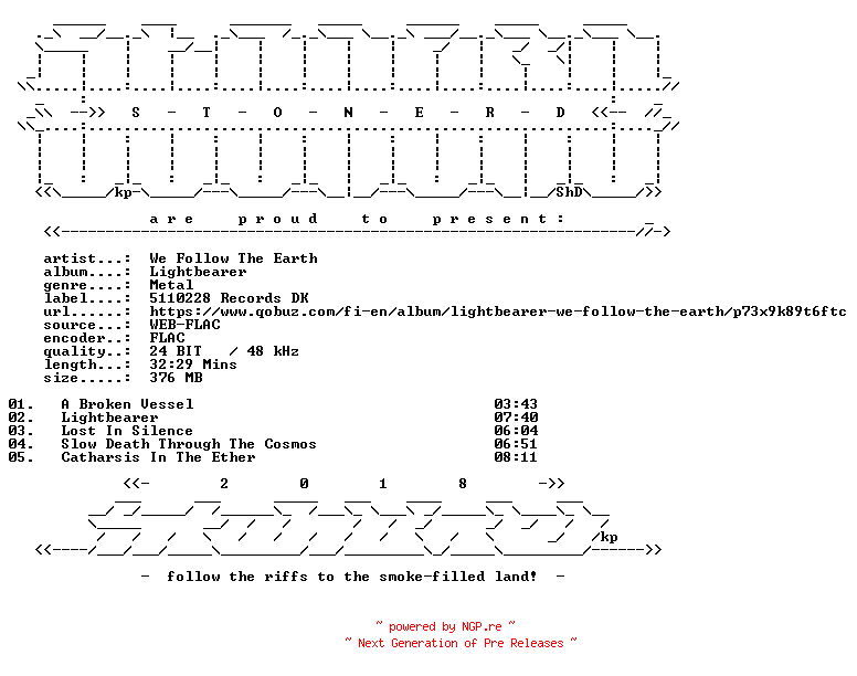NFO for the release We_Follow_The_Earth-Lightbearer-24BIT-WEB-FLAC-2023-STONERD by STONERD